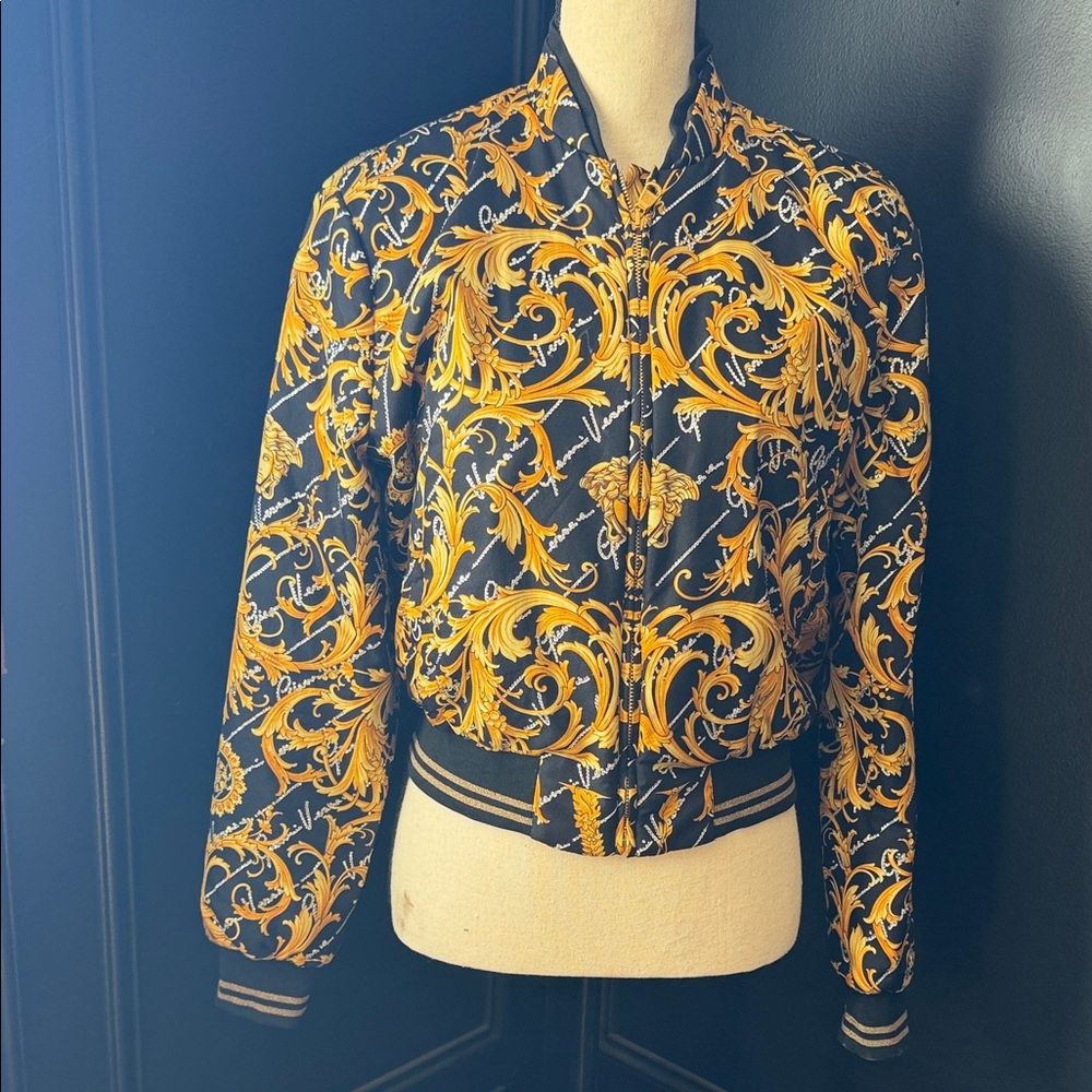 Versace Women's Ornate Black and Gold Bomber Jacket